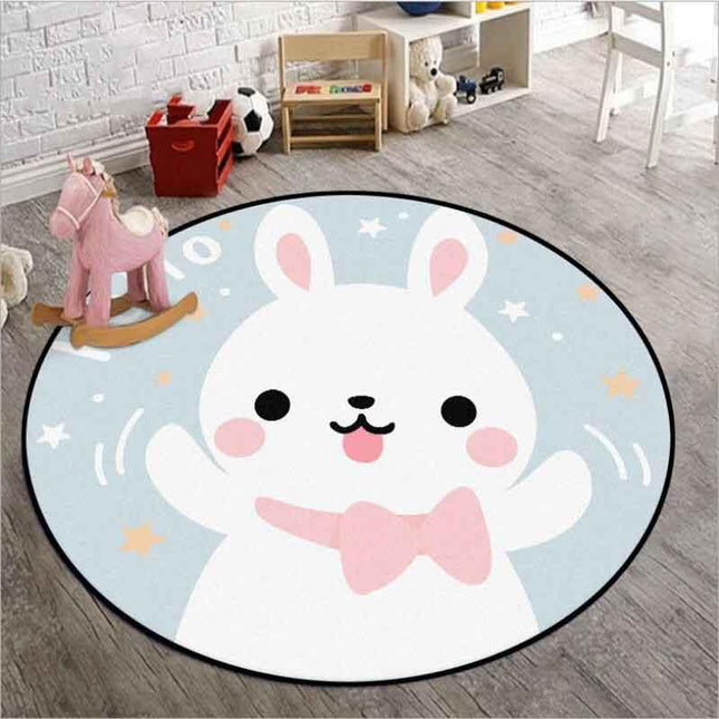 Rundt legetæppe med glad kanin motiv
