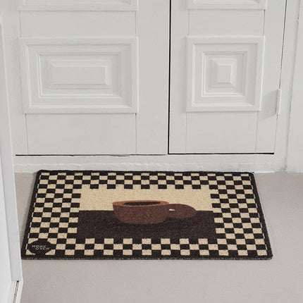 Smart dørmåtte med skaktern og kaffekop