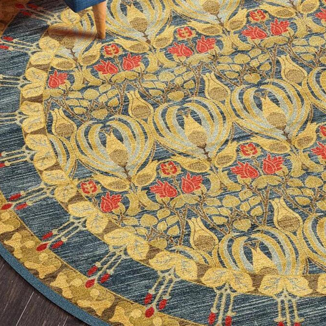 Rundt sennepsgult tæppe med mønster
