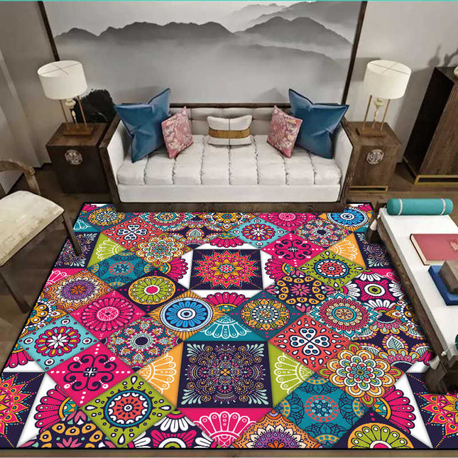 Flerfarvet gulvtæppe i patchwork-stil