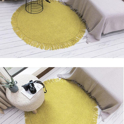 Grønt rundt jutegulvtæppe med frynser