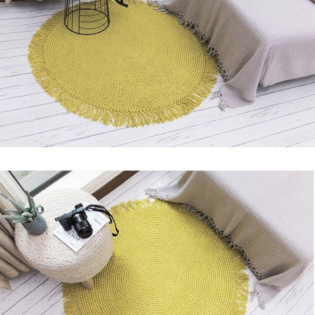 Grønt rundt jutegulvtæppe med frynser