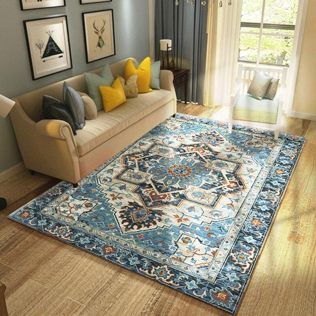 Blåt orientalsk vintage gulvtæppe til soveværelset